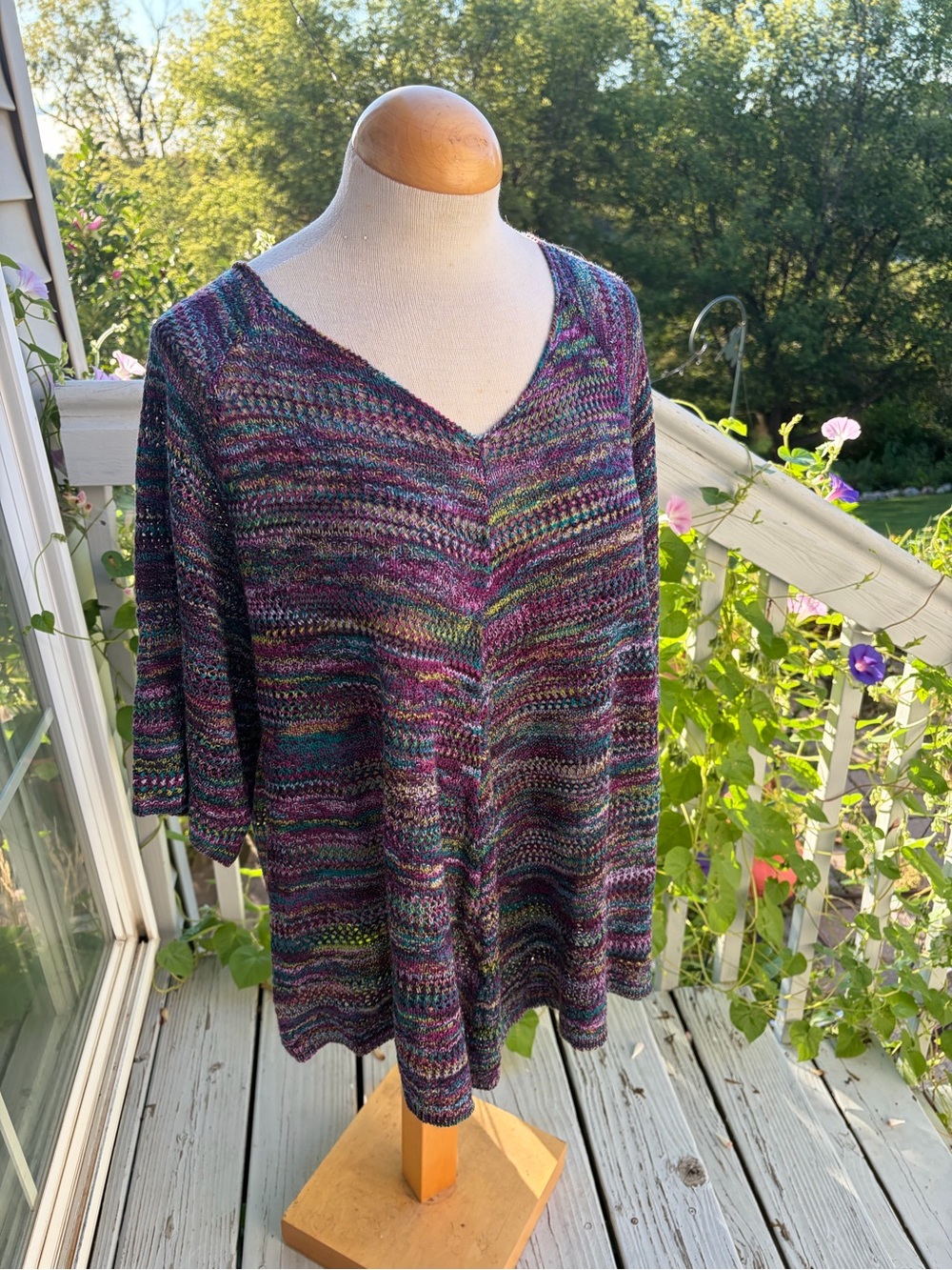 Faded Glory Multicolor Variegated V-Neck Knit Top — Purple, Green & Blue Accents